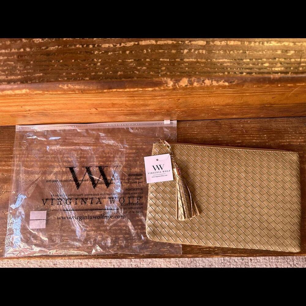 Virginia Wolf Leather Metallic Gold Woven Clutch Cosmetic Bag NWT - Picture 7 of 9
